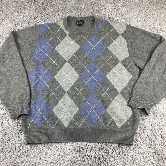Jos A Bank Crewneck Sweater Mens Size Large Gray & Blue Argyle Lambswool Blend - Picture 2 of 9